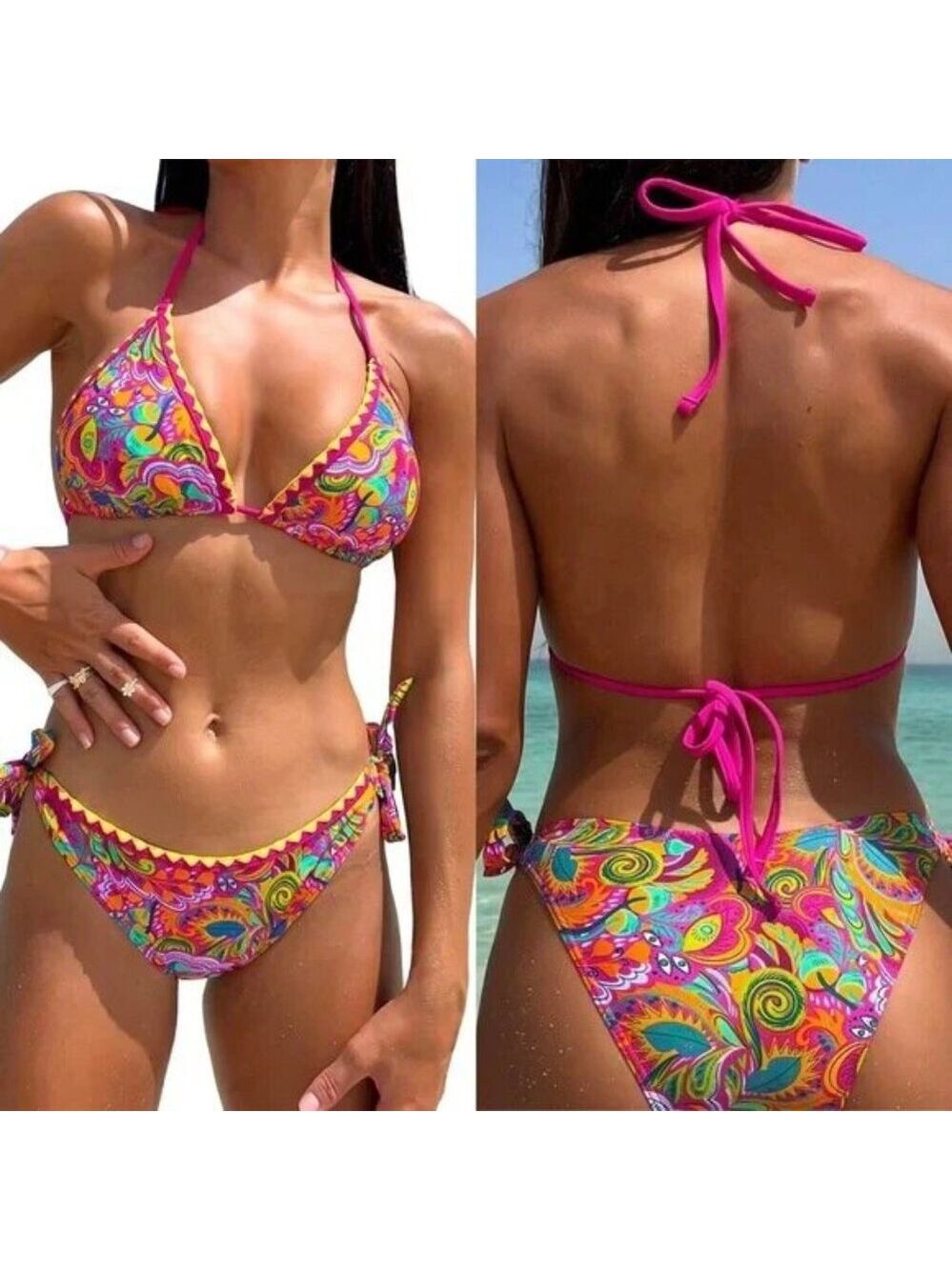 **COZYEASE** Bikini Sets 2 Piece Halter Triangle Allover Print Swimsuit Set L